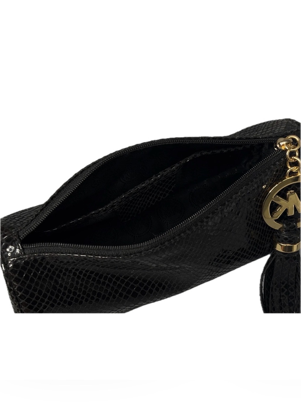Michael Kors Black Snake-Embossed Leather Cosmetic Pouch w Gold MK Tassel EUC - Picture 5 of 15